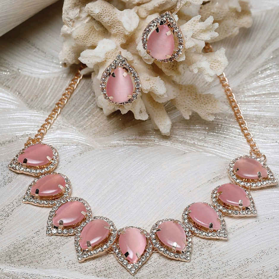 Sukkhi Elaborate Gold-Plated With Ad Pink Stones Collar Bone Necklace Set