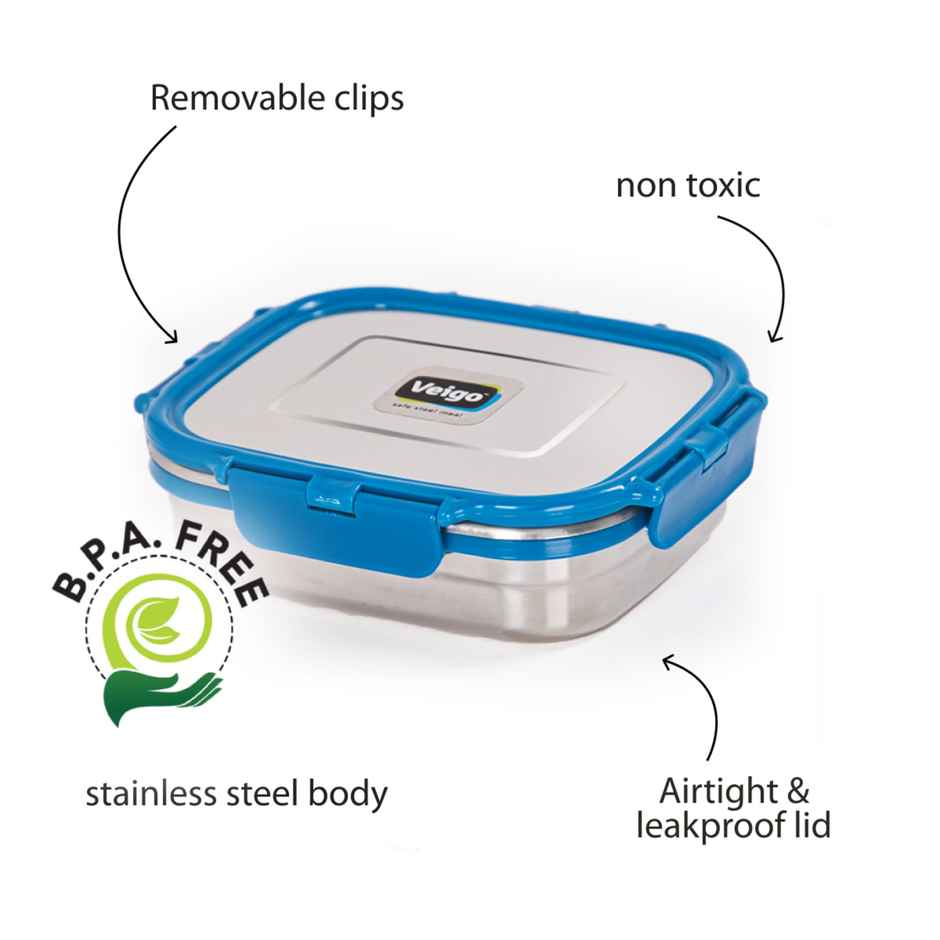Veigo Large - Stainless Steel Leakproof Lunch Box | 630 ml Compact for Outdoors- Dark Blue