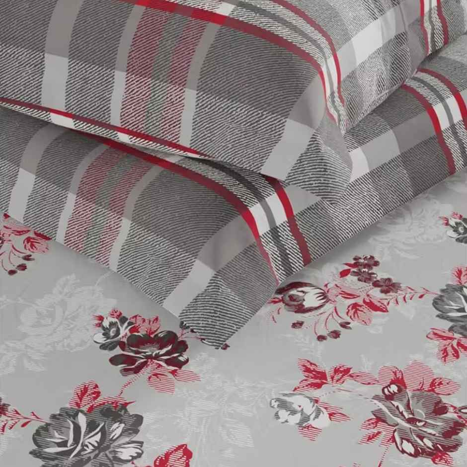 Kopa Extra Smooth Micro Double Bedsheet With 2 Pillow Covers | Set of 3 | Lorenzo Floral - Grey Red