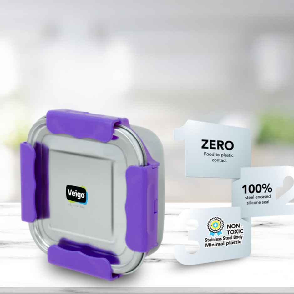 Veigo Stainless Steel Leakproof Box | For School, Snacks, Outdoor | Violet | 450 ml