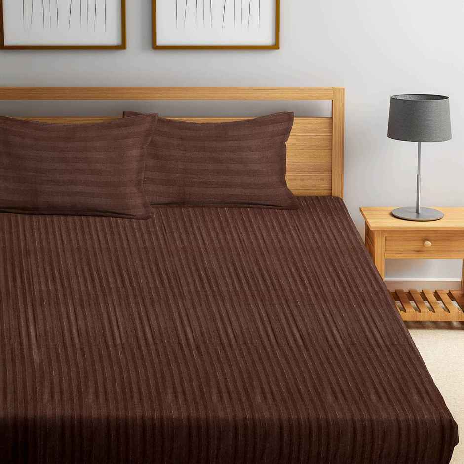 Hosta Homes King Size Satin Cotton 300 Tc Striped Bedsheet | Brown | 109 x 109 in