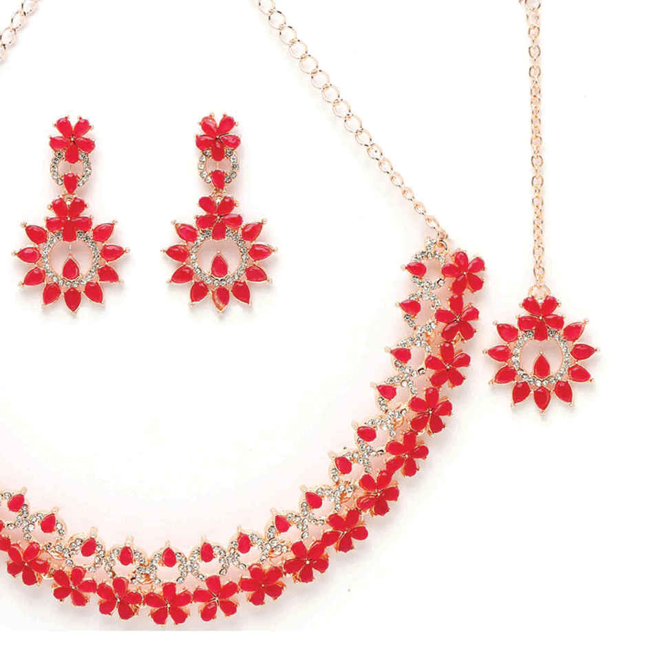 Sukkhi Glossy Gold Plated Rani Pink Kundan & Beads Studded Floral Choker Necklace Set