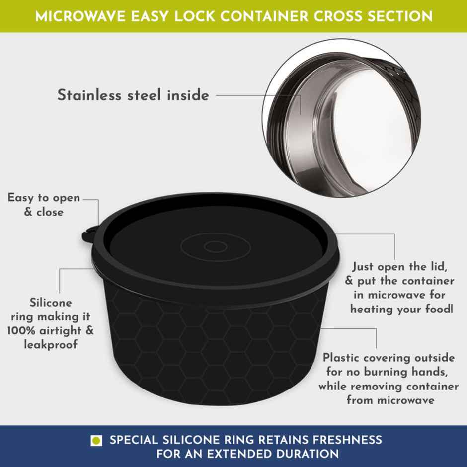 Magnus Microwave Eva 5 Lunch Box ( Black ) - 3 Containers, 1 Small Box, 1 Bottle, Cutlery Stainless