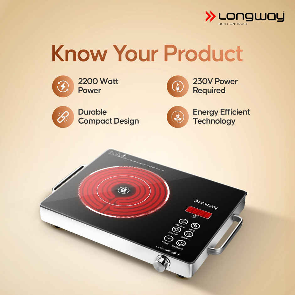 Longway Lumora Pro Infrared Induction Cooktop | Auto Shut Off | Overheat Protect | Black - 2200W