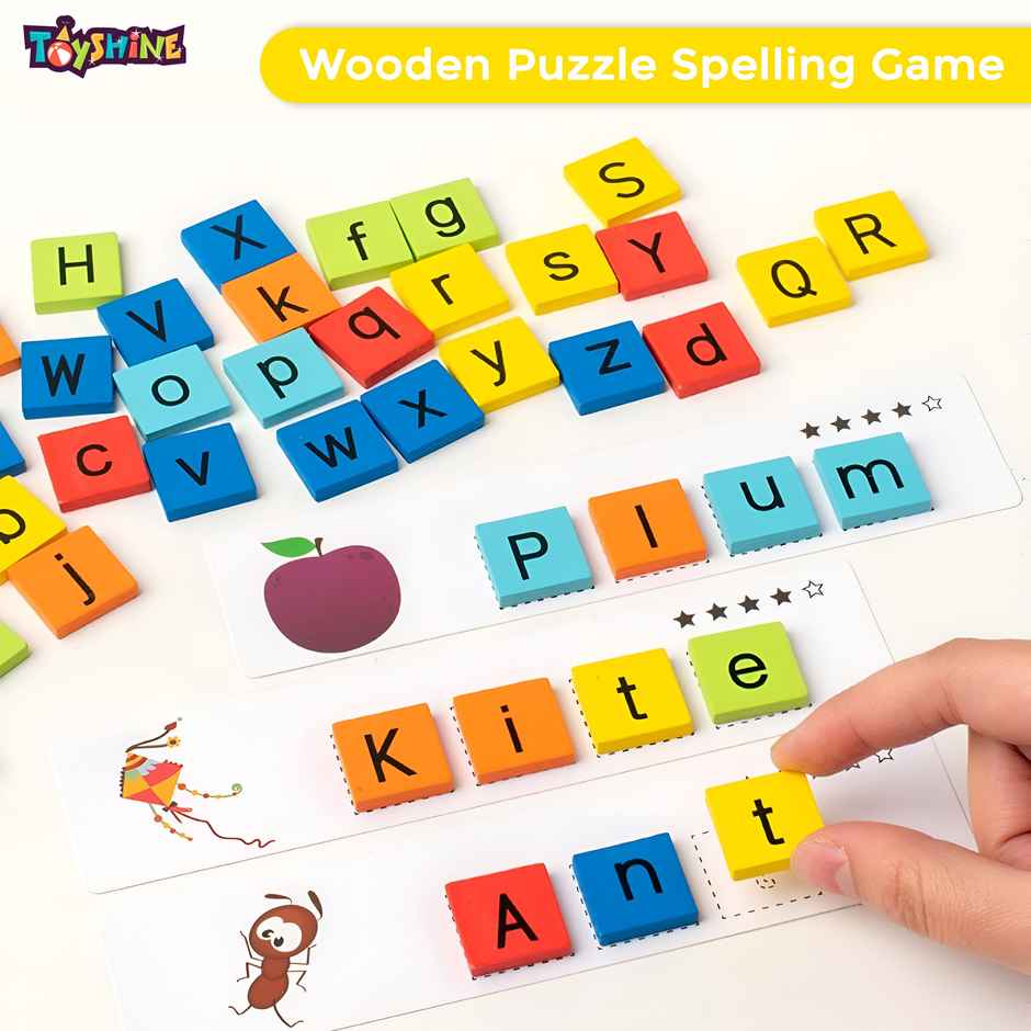 Toyshine Wooden Puzzle Spelling Game With Flash Cards | For Kids of Age 2 and Above