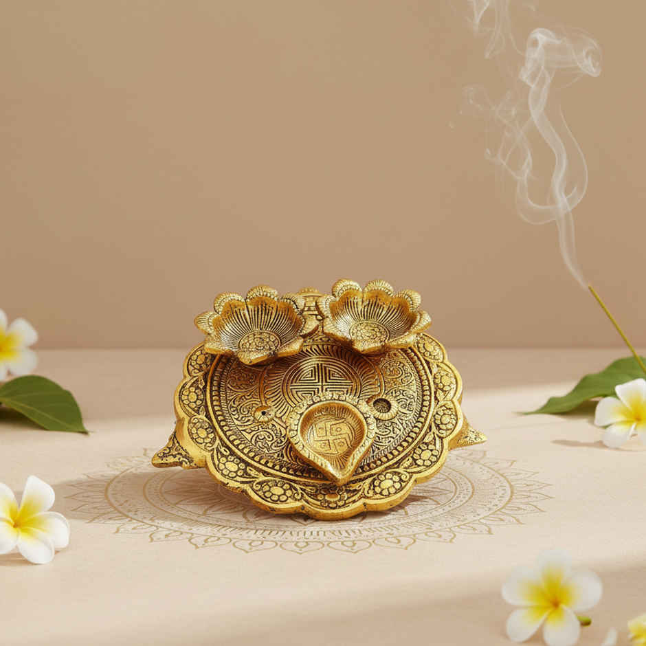 Pooja Thali Set 2+1 | Gold Polish | Medium Size | Devnidhi