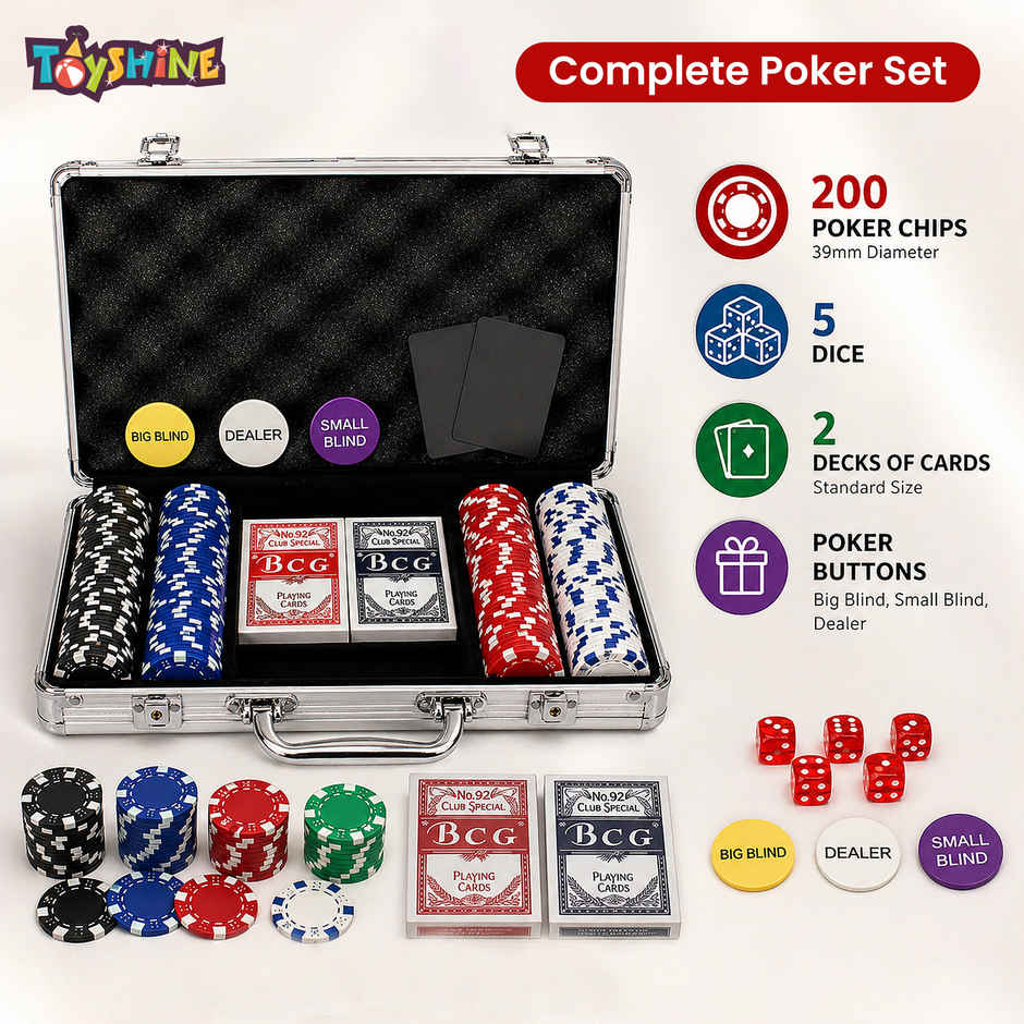 Toyshine Casino Style Poker Chips Set with Aluminum Finish Case, 2 Decks of Cards, 5 Dice, 1 Dealer Button - 200 Chip set