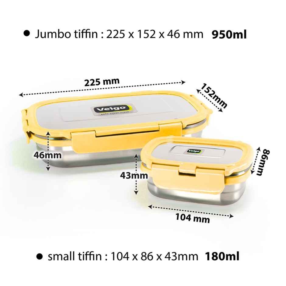 Veigo Jumbo W/veg Box- Stainless Steel Leakproof Lunch | 950+180 ml for School | Pack of 2 - Yellow