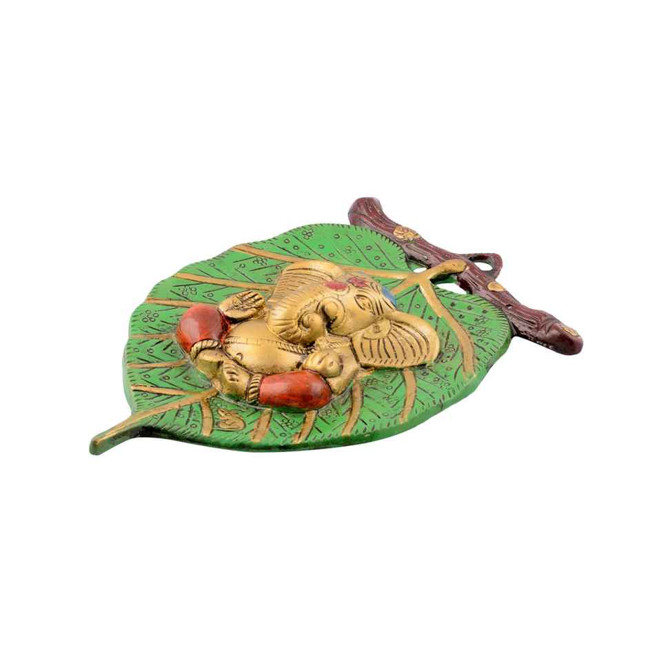 eCraftIndia Lord Ganesha in Red Dhoti on Green Leaf Wall Hanging