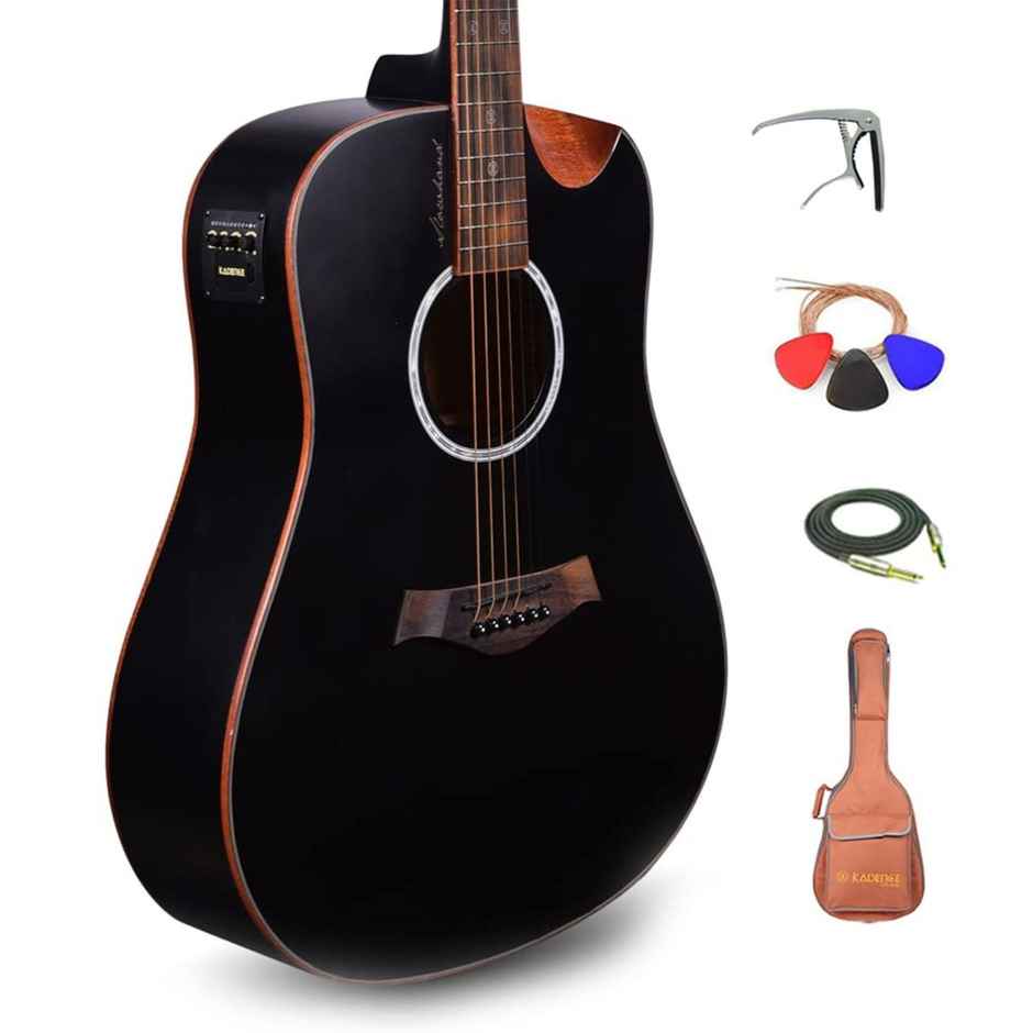 Kadence Slowhand Semi-Acoustic Guitar - Jumbo with Padded Bag | Cable & Capo | Black