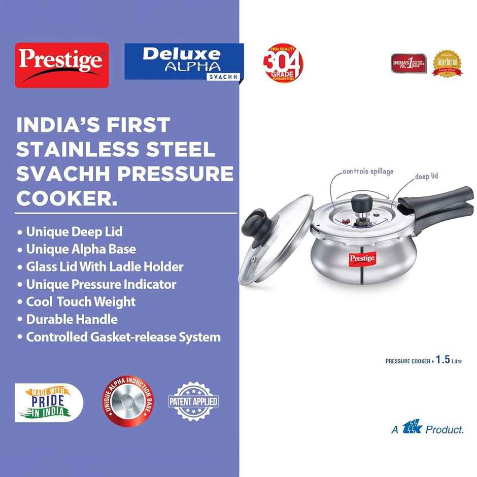 Prestige Deluxe Alpha Svachh Steel Spillage Control Handi Pressure Cooker Glass Lid 1.5 L Silver