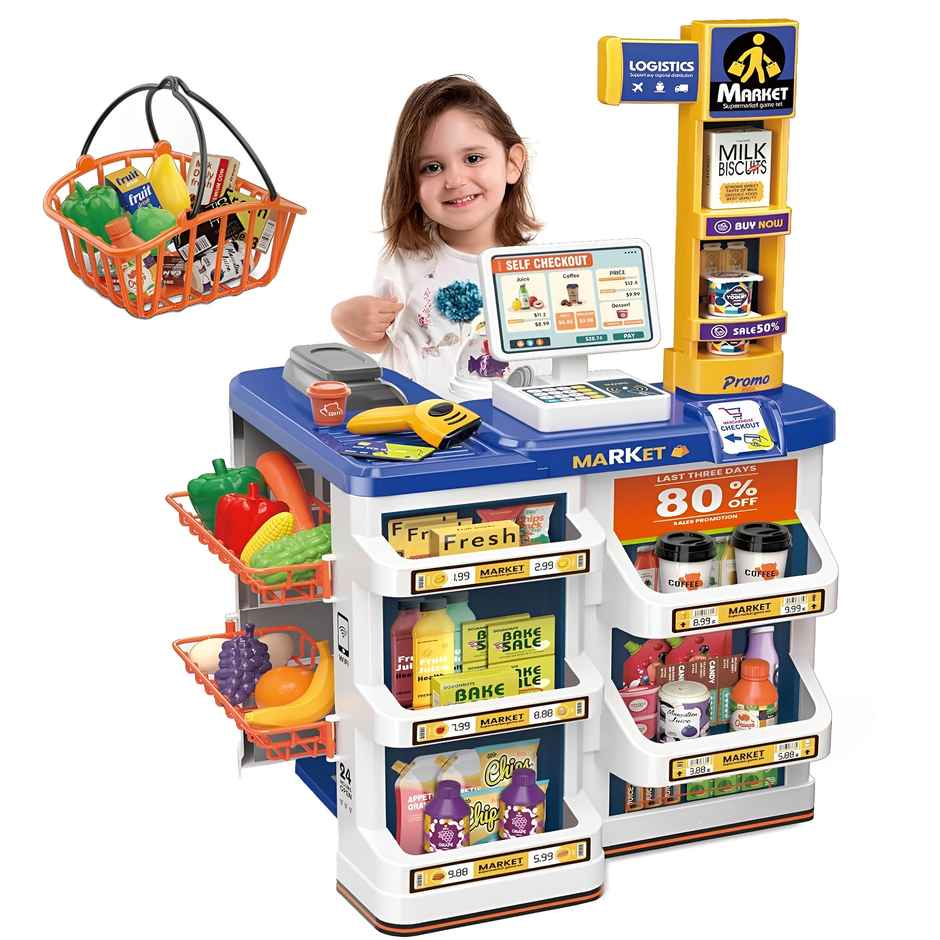 Toyshine 60Pc Supermarket Cash Register Playset With Scanner and Pretend Play Foods