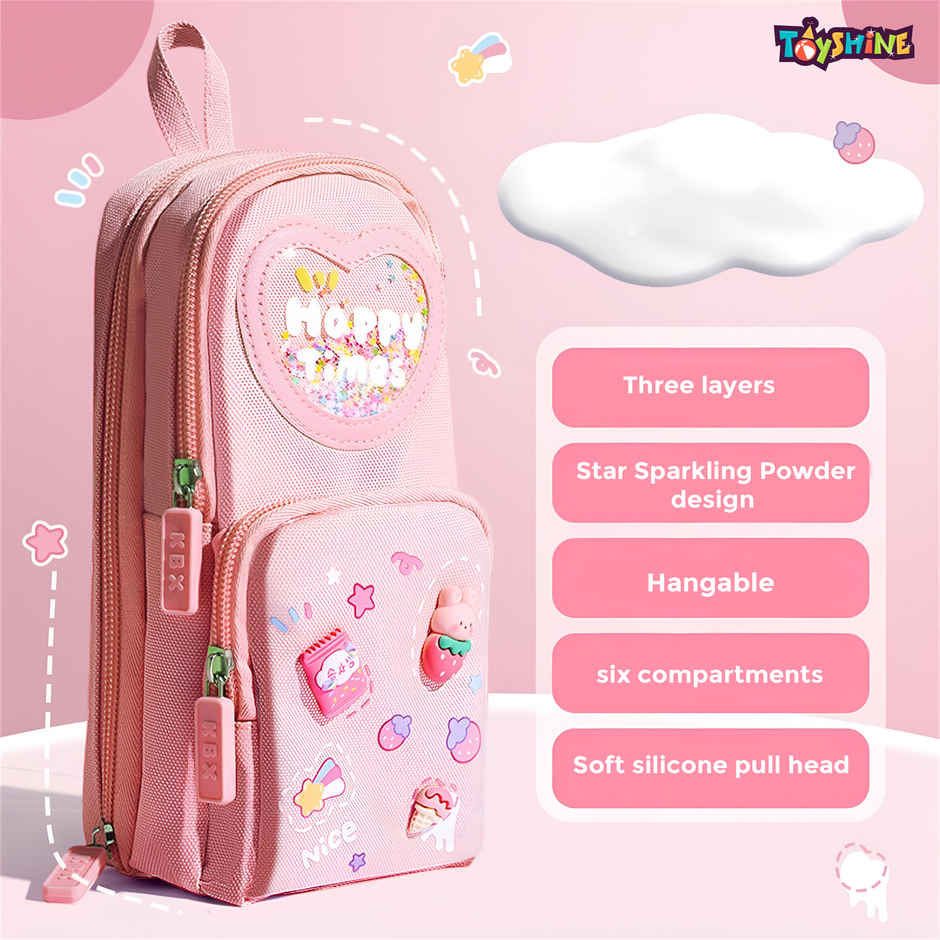 Toyshine 3 Layer Large Capacity Handheld Multifunctional Pencil Pouch for School Kids - Pink