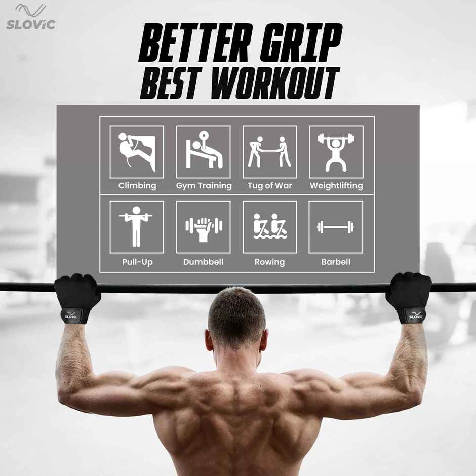 Slovic Leather Gym Gloves for Men & Women Weightlifting & Workout - Black
