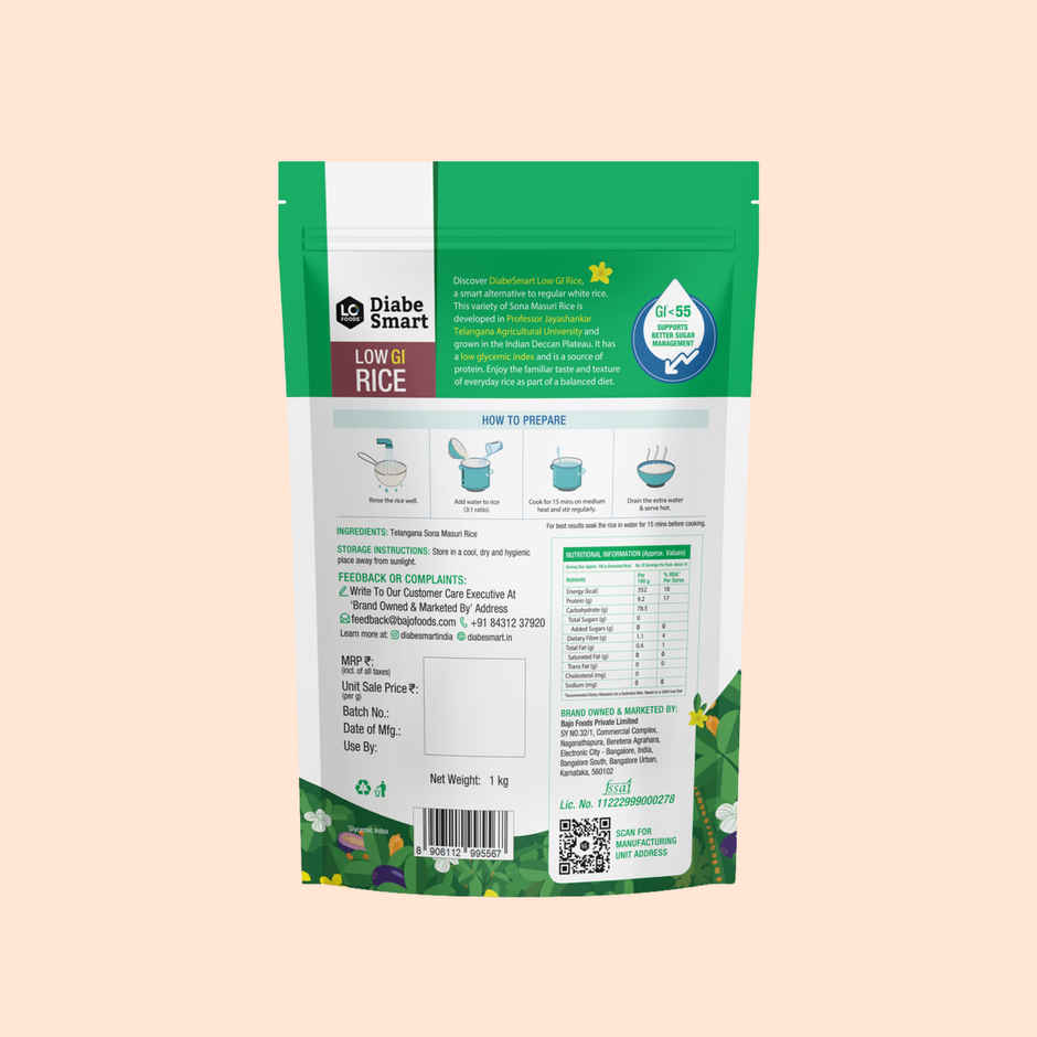 DiabeSmart Low Gi Rice - Sona Masoori Diabetic Care White Rice For Sugar Control
