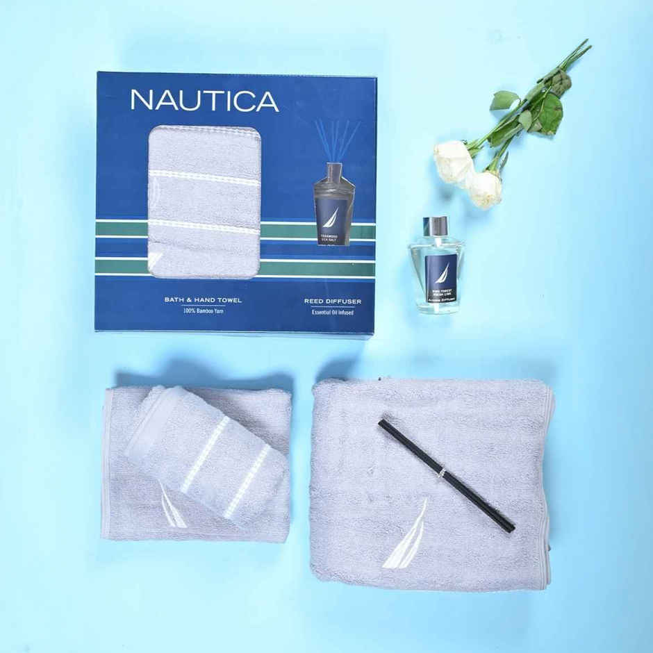 Nautica [4Pc] High Absorbency Super Fast Fast Drying Bamboo Towel -1-Bath 2-Hand 1- Solid-Ltgrey