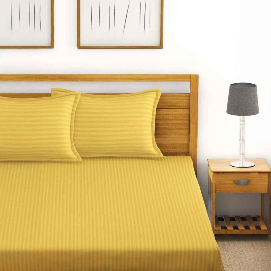 Bianca Super Soft 100% Cotton Satin Stripe Double Bedsheet With 2 Pillow Covers | Hilton StripeGold
