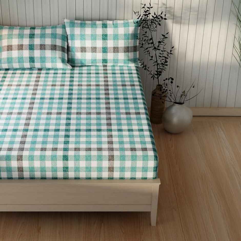 Kopa Extra Smooth Cotton Double Bedsheet With 2 Pillow Covers | Set of 3 | Lopez Checks | Teal