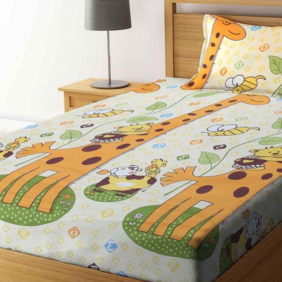 Arrabi Multi Kid's Cartoon Bedsheet With 1 Pillow