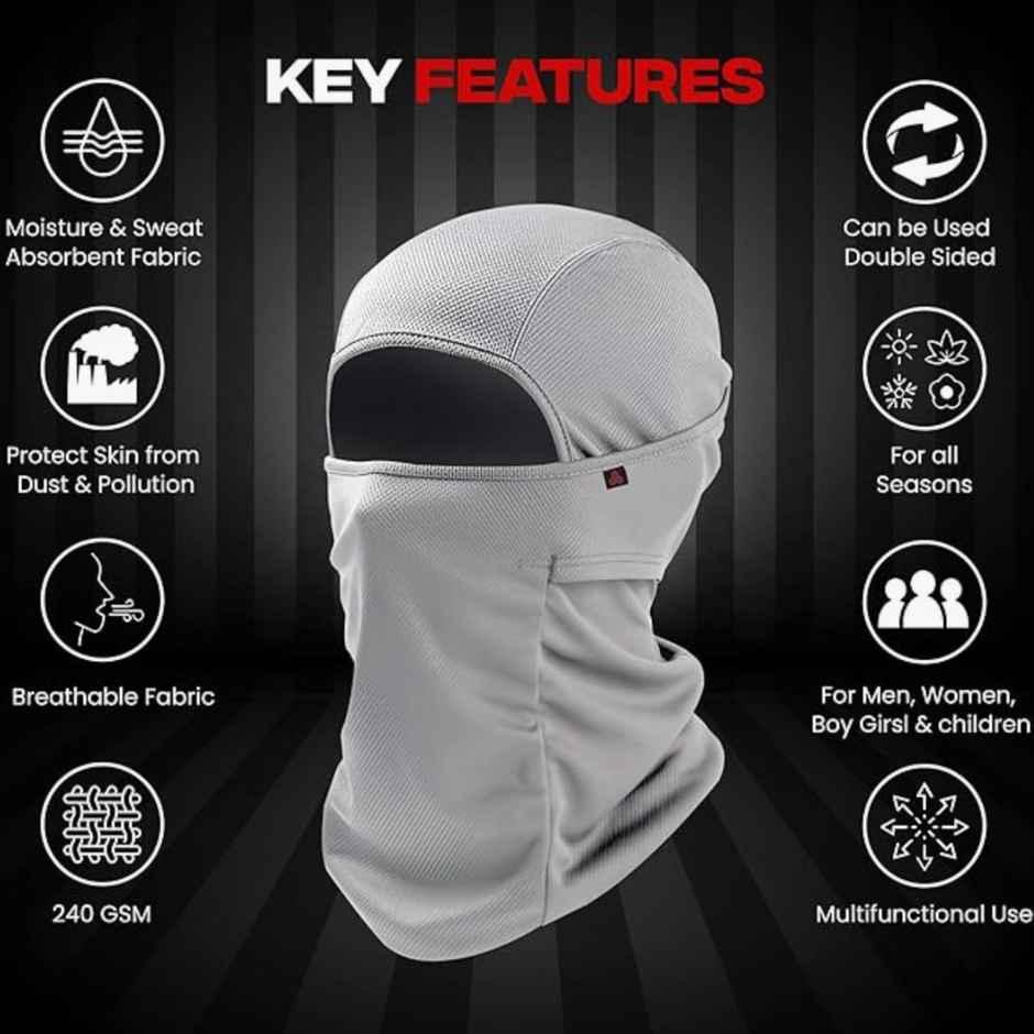 Autofy Cool-Max Balaclava Full Face Mask Helmet Liner | Grey - 240 Gsm Quick Dry Fabric