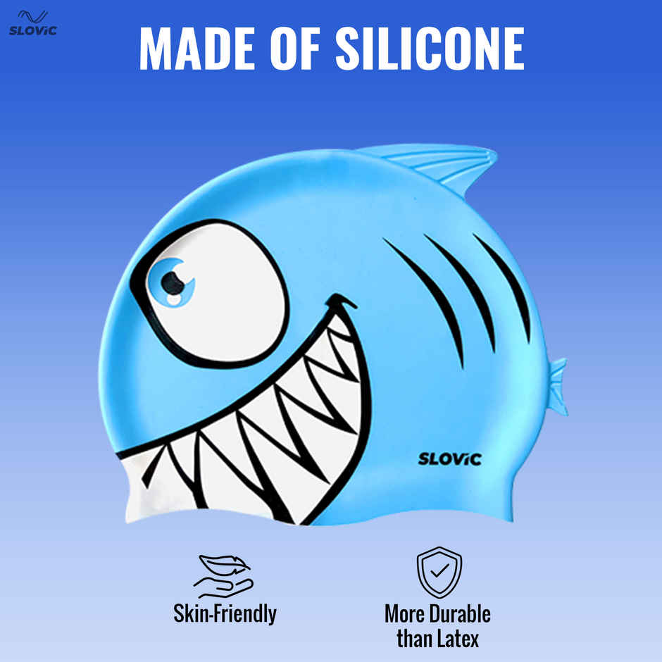 Slovic Kids Swimming Cap - Shark Design, Stretchable Soft Waterproof Swim Cap | Blue