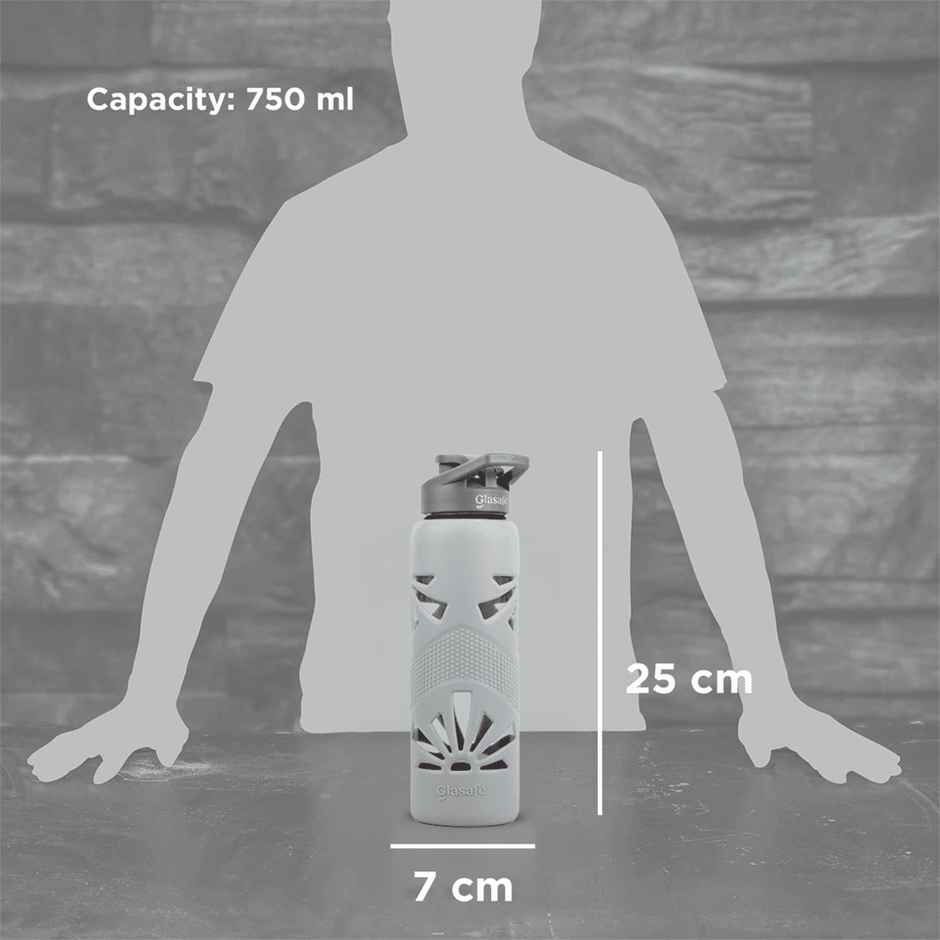 Glasafe Clear Grip Borosilicate Glass Bottle With Protective Silicone Sleeve (Soothing Slate) 750Ml