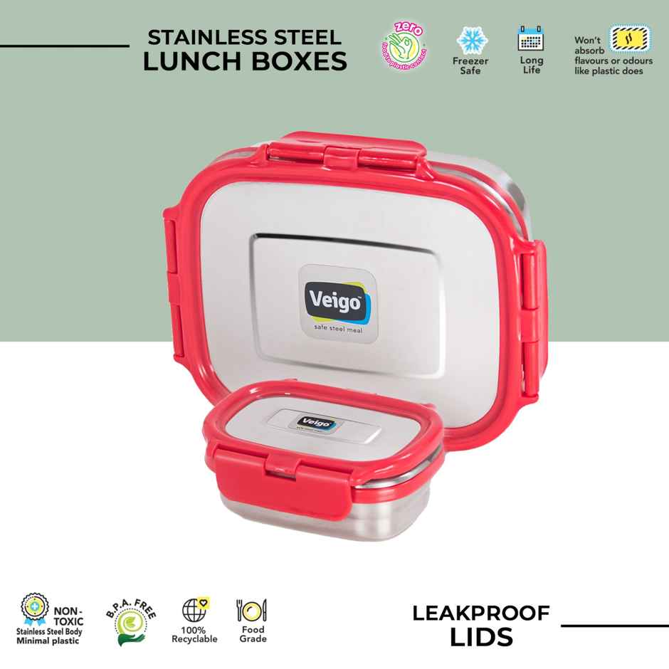 Veigo Large W/Veg Box Stainless Steel Leak Proof Tiffin Box (630+180 ml) For School,Office - Red
