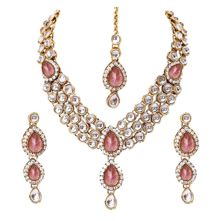 Shining Diva Fashion Gold Plated Pink Kundan Traditional Necklace Set for Women & Girls | 8647s