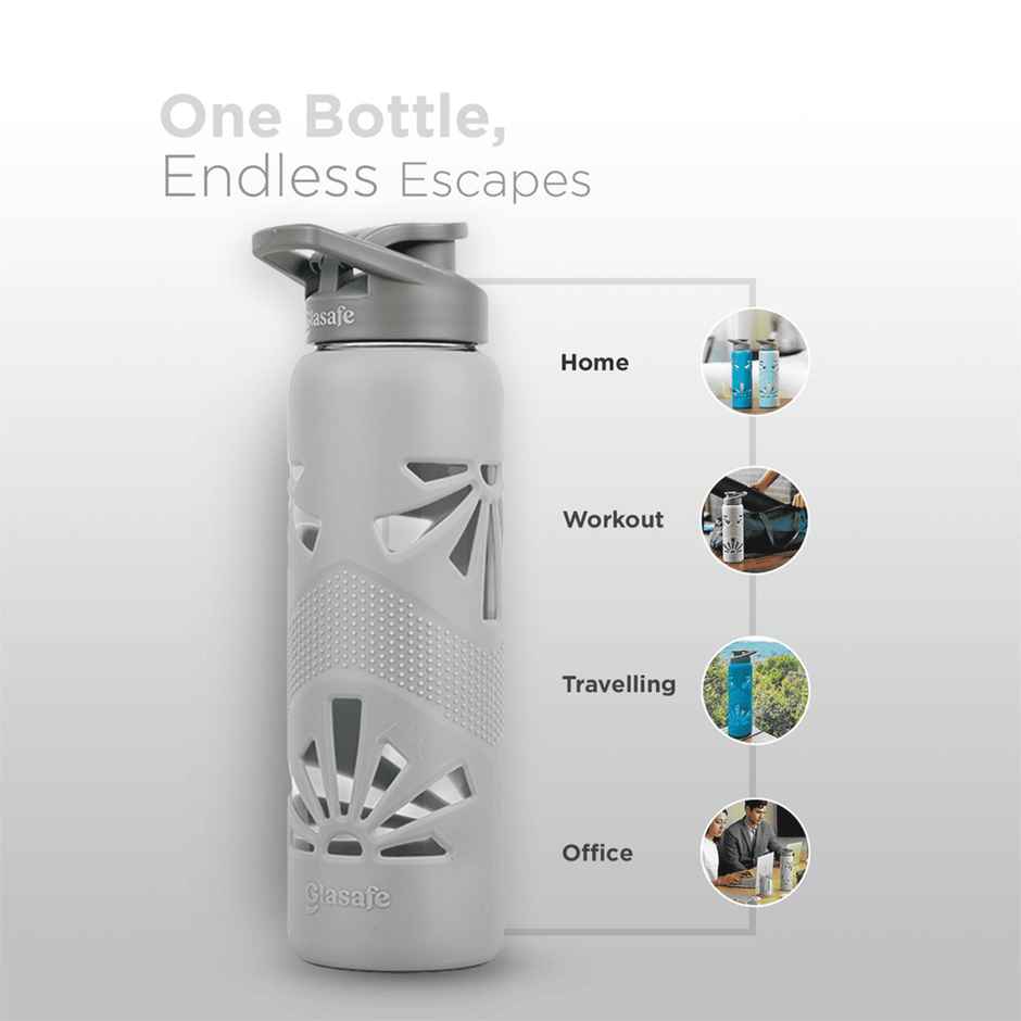 Glasafe Clear Grip Glass Bottle | Borosilicate | Silicone Sleeve | Slate | 750 ml