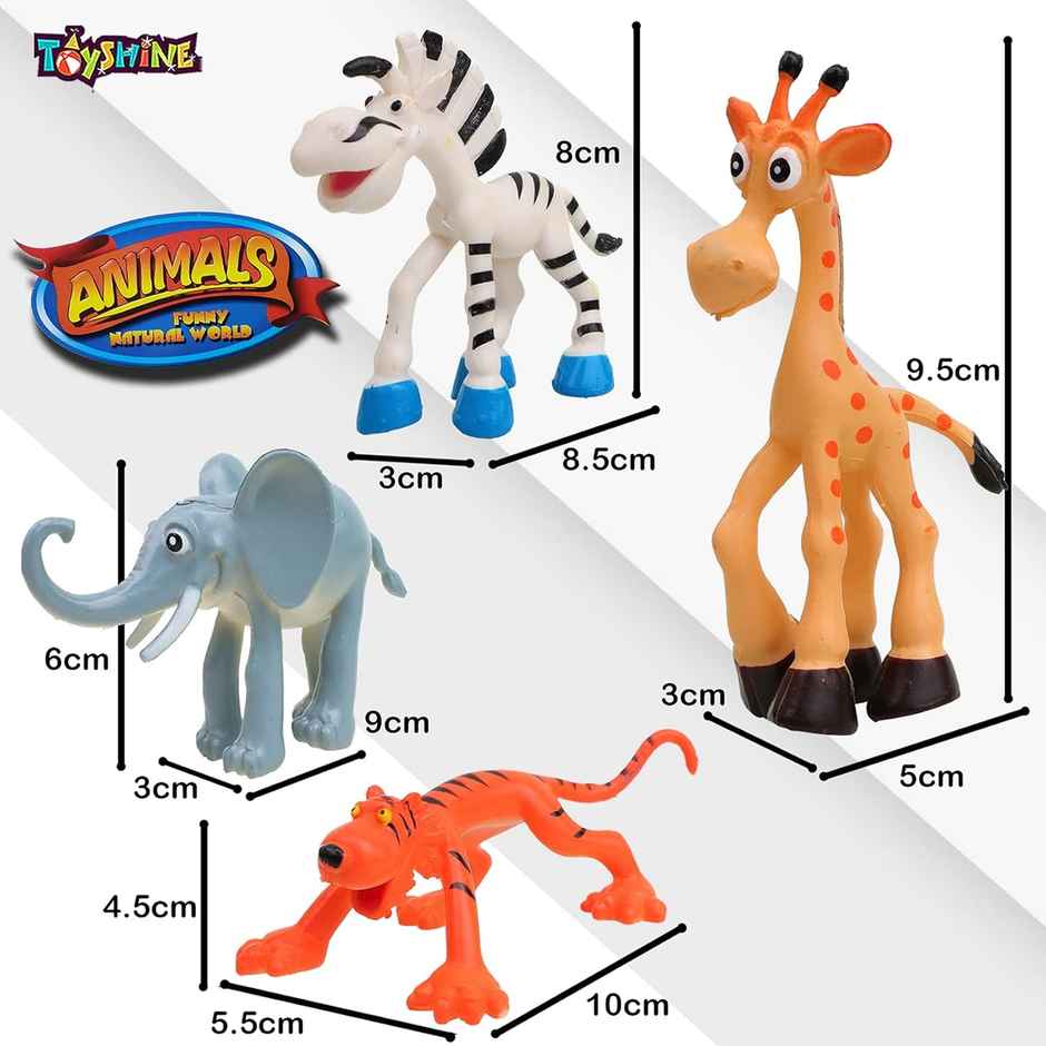 Toyshine Cartoon Style Pack of 6 Animal Rubber Play Toy for Kids Baby 2-5 Year Old