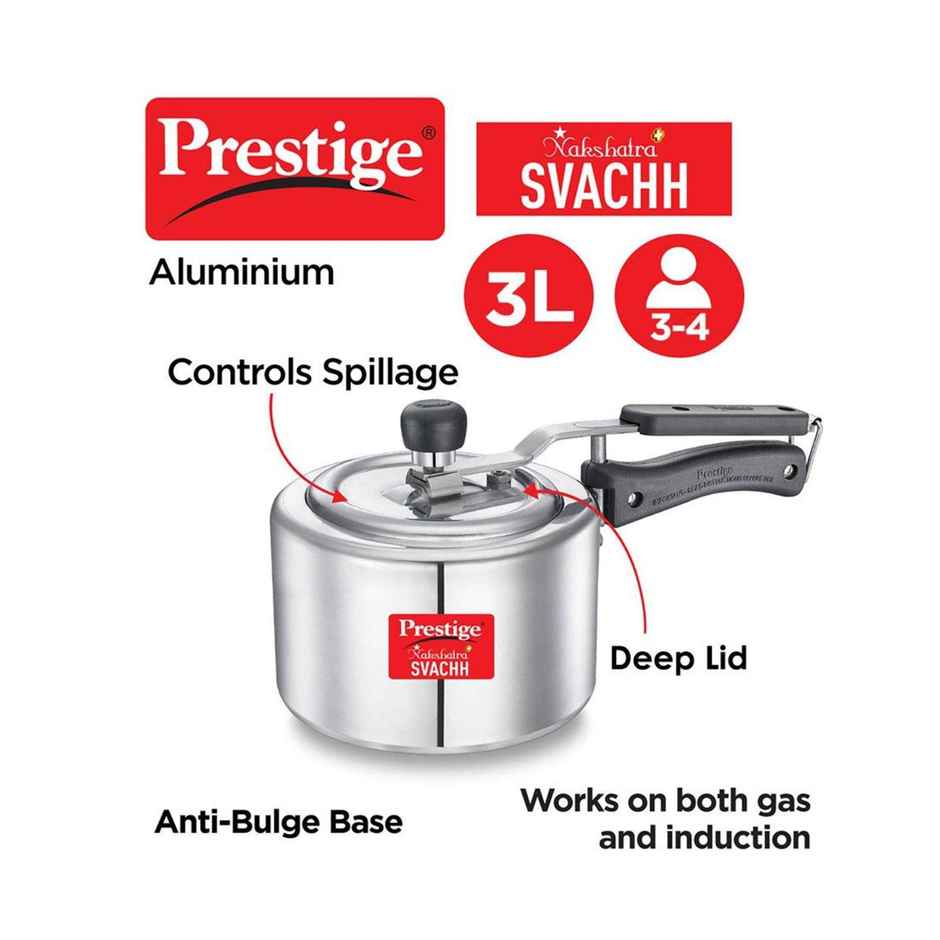Prestige Aluminium Inner Lid Nakshatra Plus Svachh Spillage Control Pressure Cooker, 3 L (Silver)