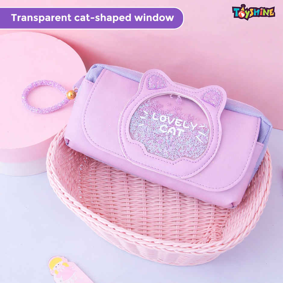 Toyshine Lovely Cat Pencil Pouch with Zipper Wrist Strap Glitter | Purple