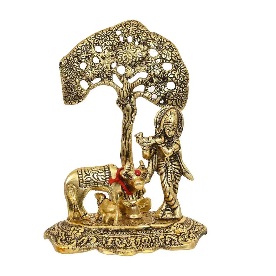 eCraftIndia Divine Golden Lord Krishna Idol Playing Flute Beneath a Tree with Cow and Calf