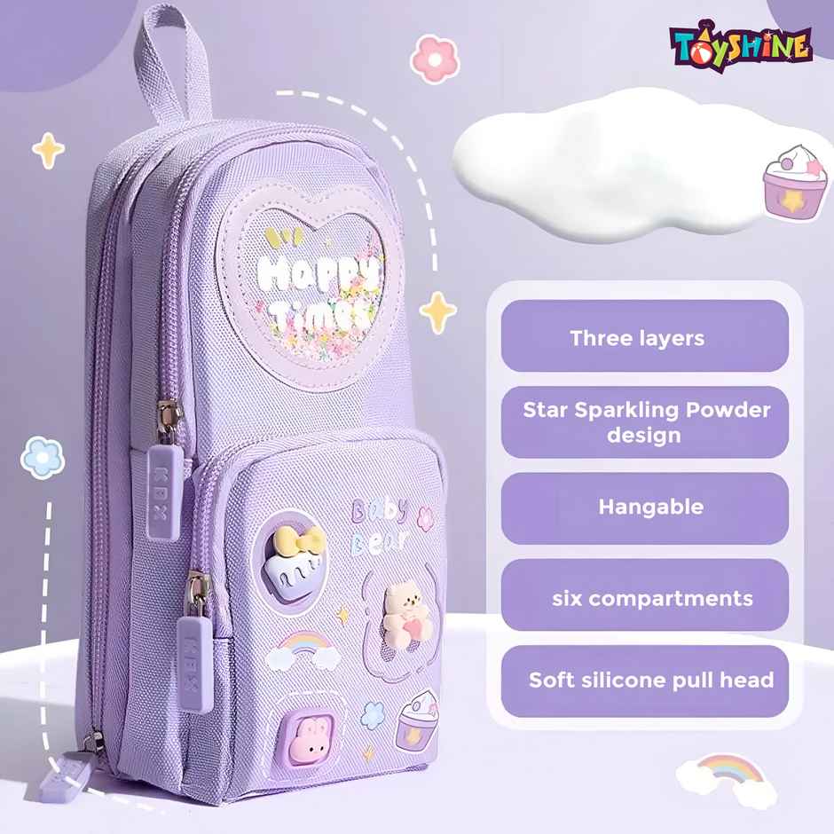 Toyshine 3 Layer Large Capacity Handheld Multifunctional Pencil Pouch for School Kids | Purple