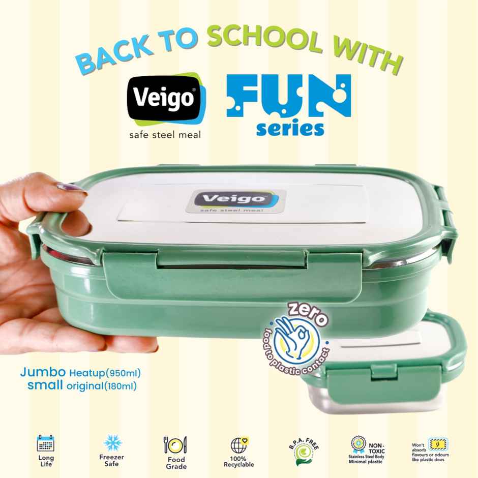 Veigo Jumbo Fun - Stainless Steel Leak Proof Insulated Tiffin W/Veg Box(950+180 ml) Military Green