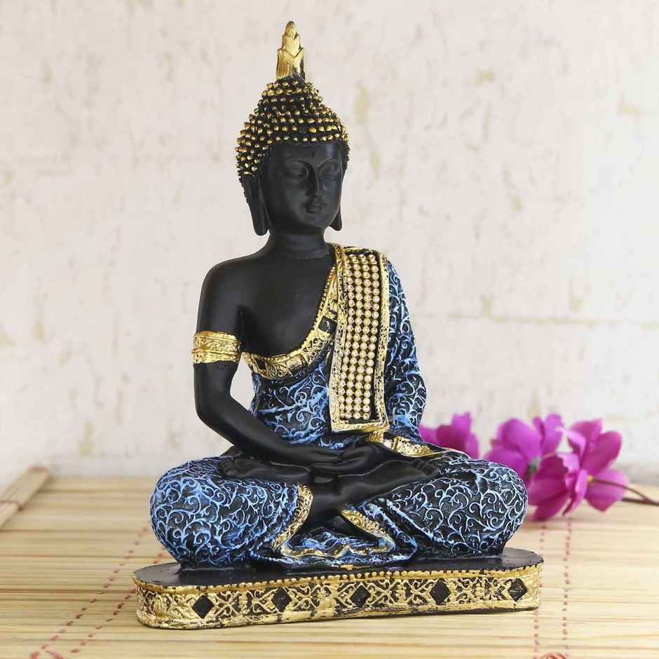 Tranquil Blue and Golden Resin Meditating Gautam Buddha Statue | Ecraftindia