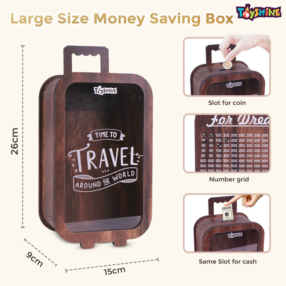 Toyshine Wooden Suitcase Piggy Bank with 1 Lakh Savings Challenge for Kids & Adults