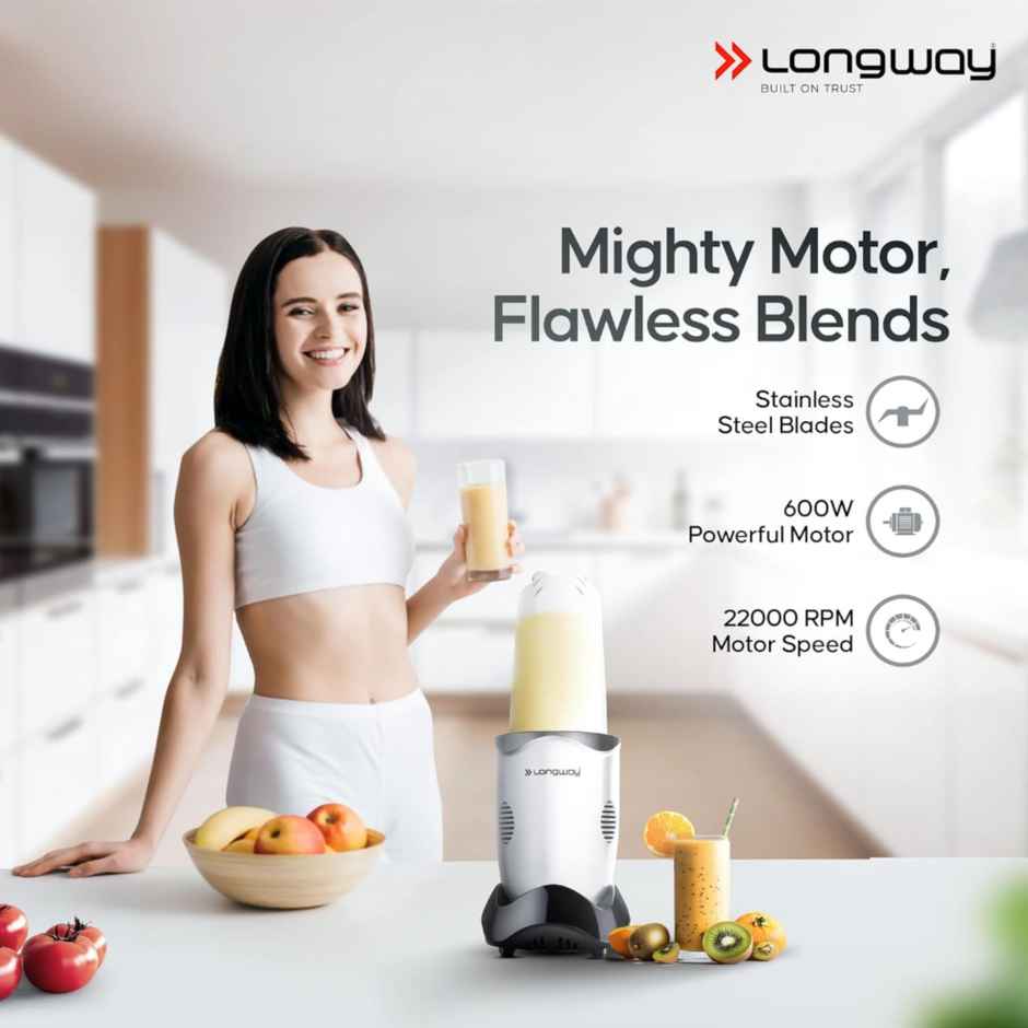 Longway Nutri Power Mixer Grinder & Nutri Blender | 600 W | 22000RPM | 5Jars and SS Blades - Silver
