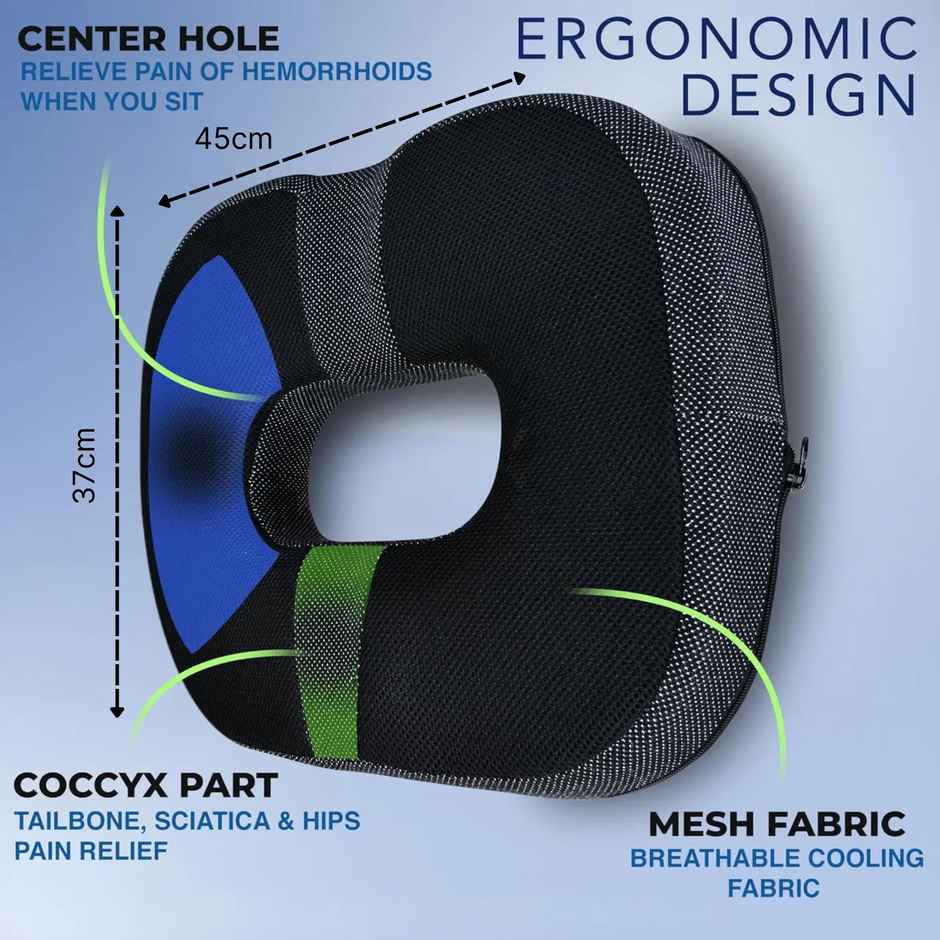 Trajectory Coccyx Seat Cushion For Tailbone, Sciatica, Lower Back Pain - Orthopedic Memory Black