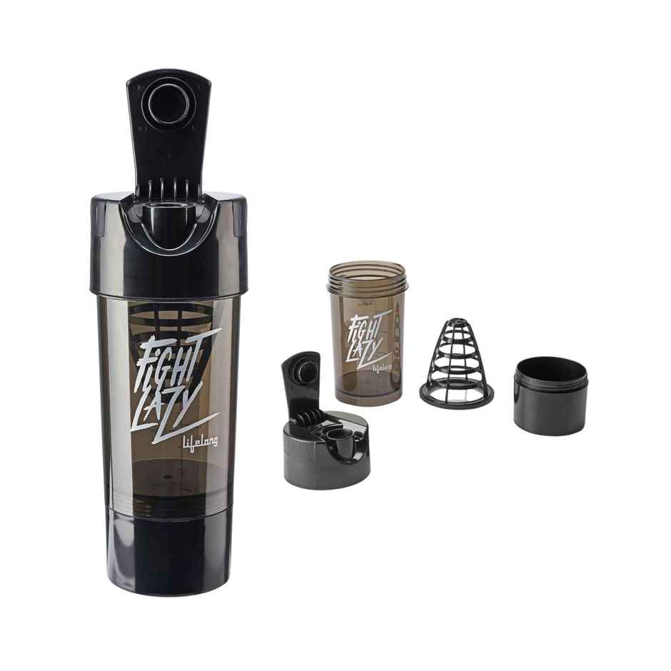 Lifelong Gym Shaker Bottle with Storage Compartment | Black | 500 ml