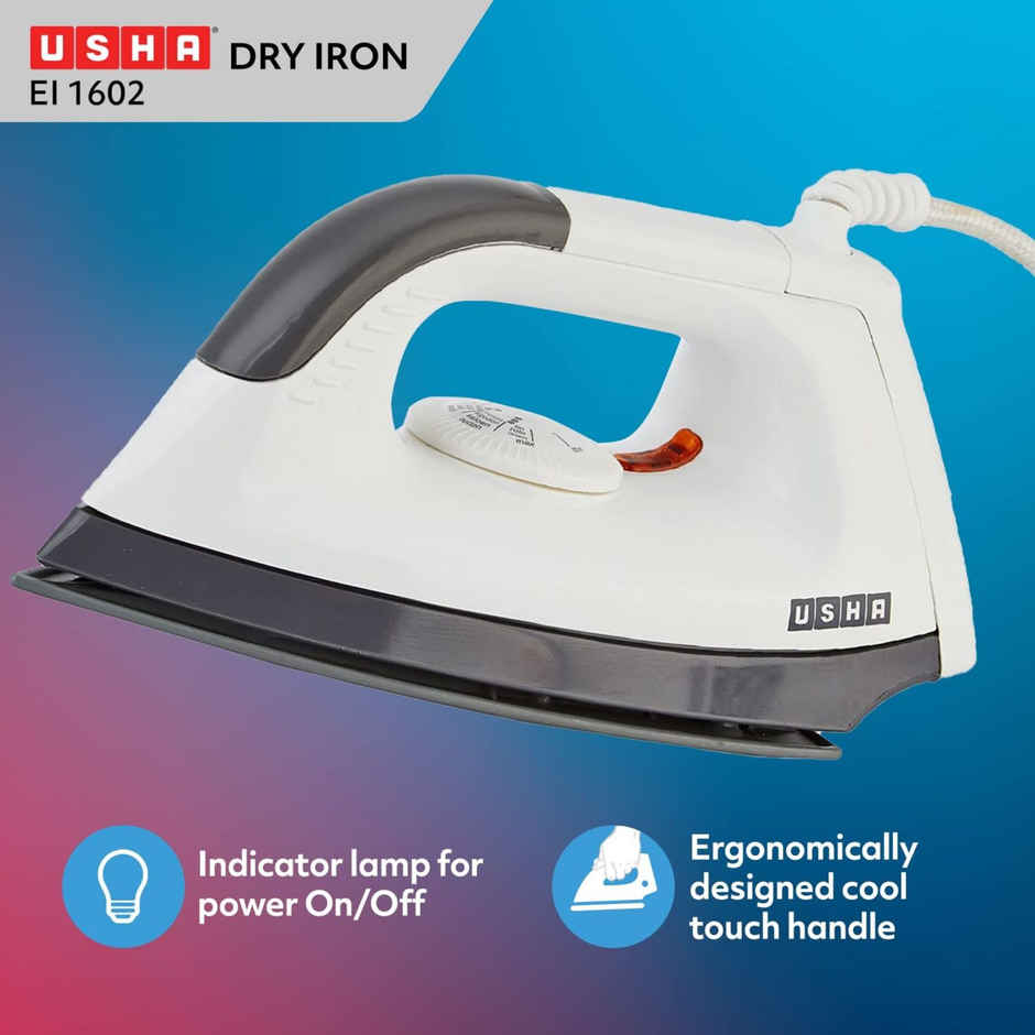 Usha Dry Iron 1602 (1000W) Non-Stick PTFE Coated Soleplate With 180 Degree Swivel Cord - Grey