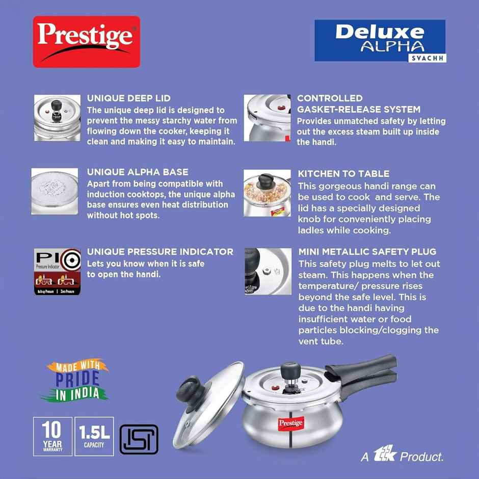 Prestige Deluxe Alpha Svachh Steel Spillage Control Handi Pressure Cooker Glass Lid 1.5 L Silver