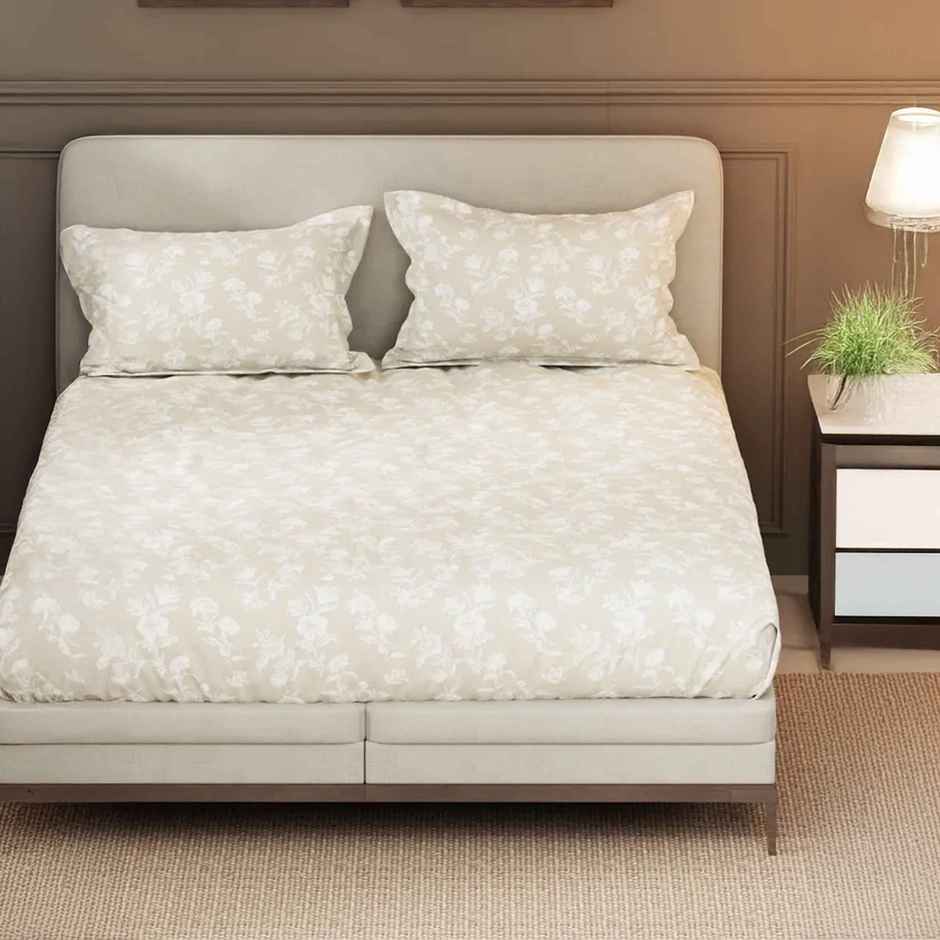 Nautica Designer 100% Satin Cotton Xl King Bedsheet With 2 Pillow Covers - 3Pc Set Floral-Sand