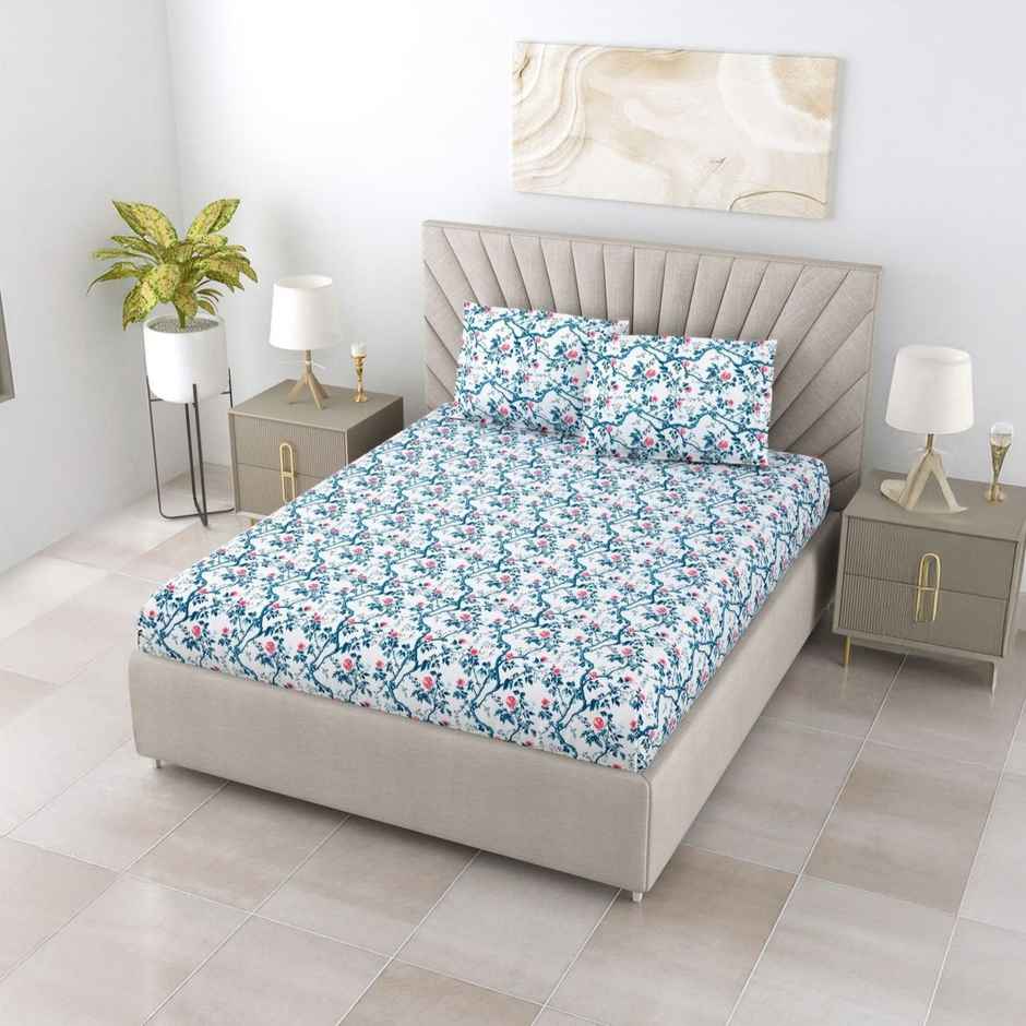 Bombay Dyeing Florentine 144 TC 100% Cotton Blue Super King Size Bedsheet with 2 Pillow Covers