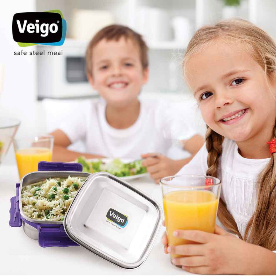 Veigo Stainless Steel Leakproof Box | For School, Snacks, Outdoor | Violet | 450 ml