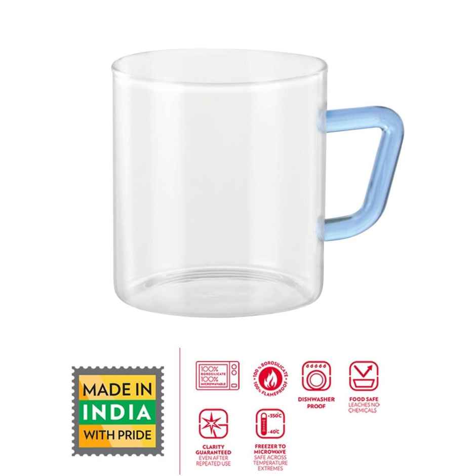 Borosil Vision Classic Mug Set With Blue Handle (190 ml) | Borosillicate Glass | Microwave Safe