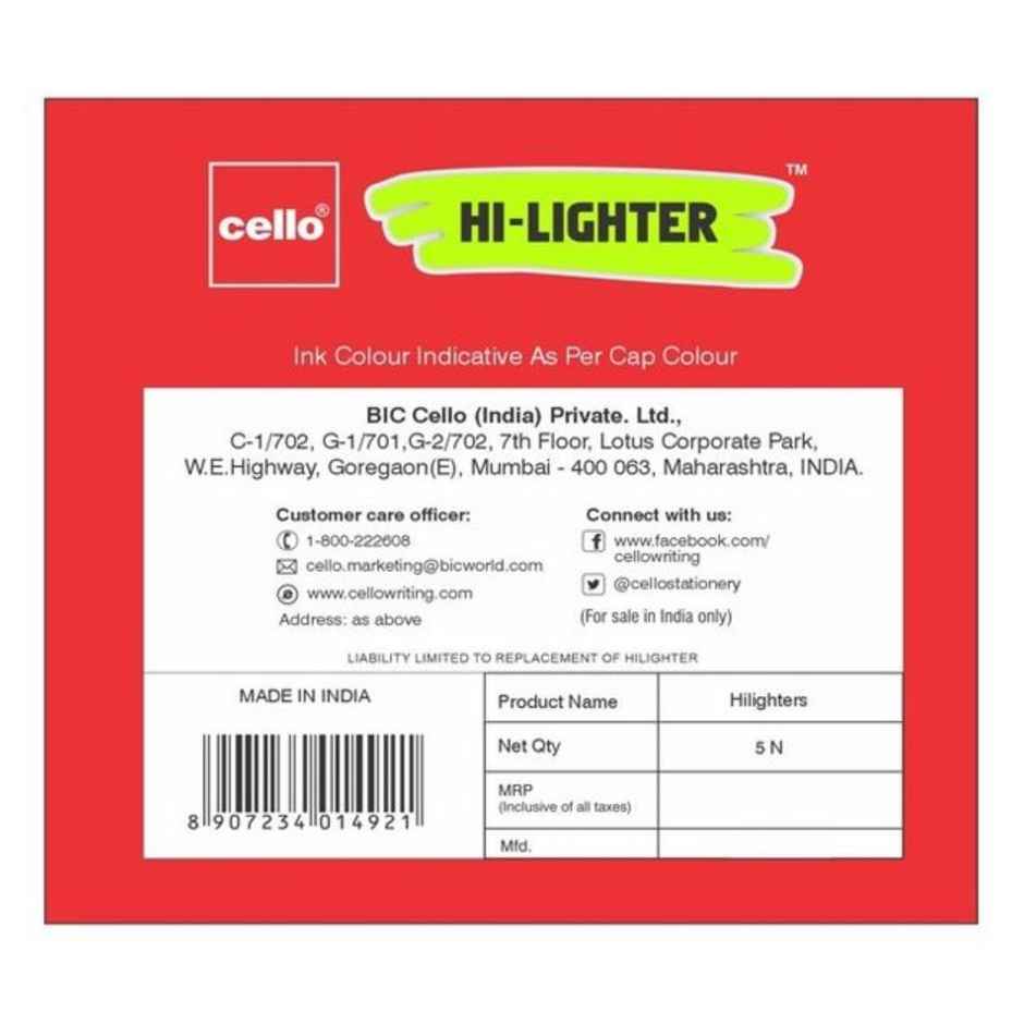Cello Highlighter Pack of 5 Assorted Colours