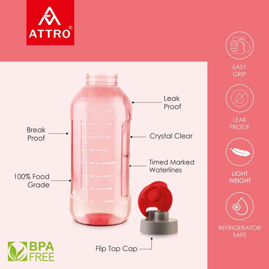 Attro Ultra Pro Motivational 2 L Water Bottle | BPA-free | Leak | Proof | Nylon Strap | Red