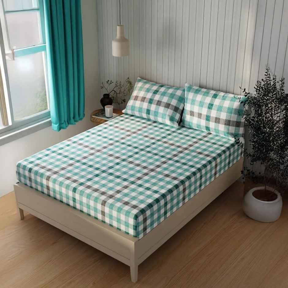 Kopa Extra Smooth Cotton Double Bedsheet With 2 Pillow Covers | Set of 3 | Lopez Checks | Teal
