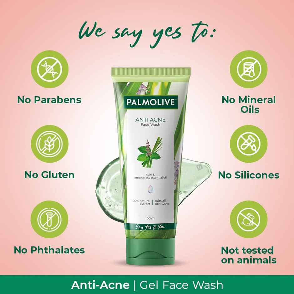 Palmolive Anti Acne Purifying Gel Facewash Made Up Of A 100% Natural Unique Blend Of Tulsi And Lemongrass Essential Oil Extract, Face Wash Suitable For All Skin Types